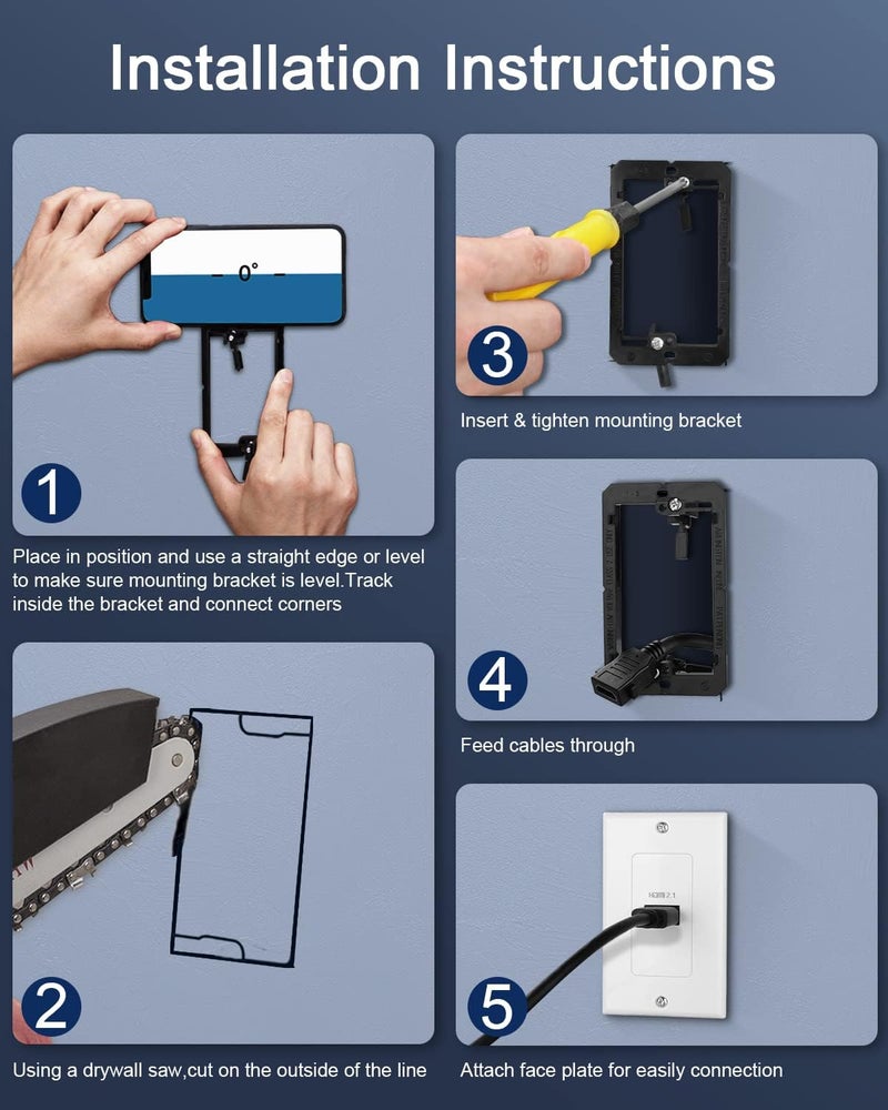 ELECTOP HDMI 2.1 Wall Plate, 8K HDMI Wall Outlet Pass Through with Low Voltage Metal Mounting Bracket, Supports 8K@60Hz and 4K@120Hz, 3D, HDR, 48 Gbps HDMI Box, Fits Home Theater Systems - Image 4